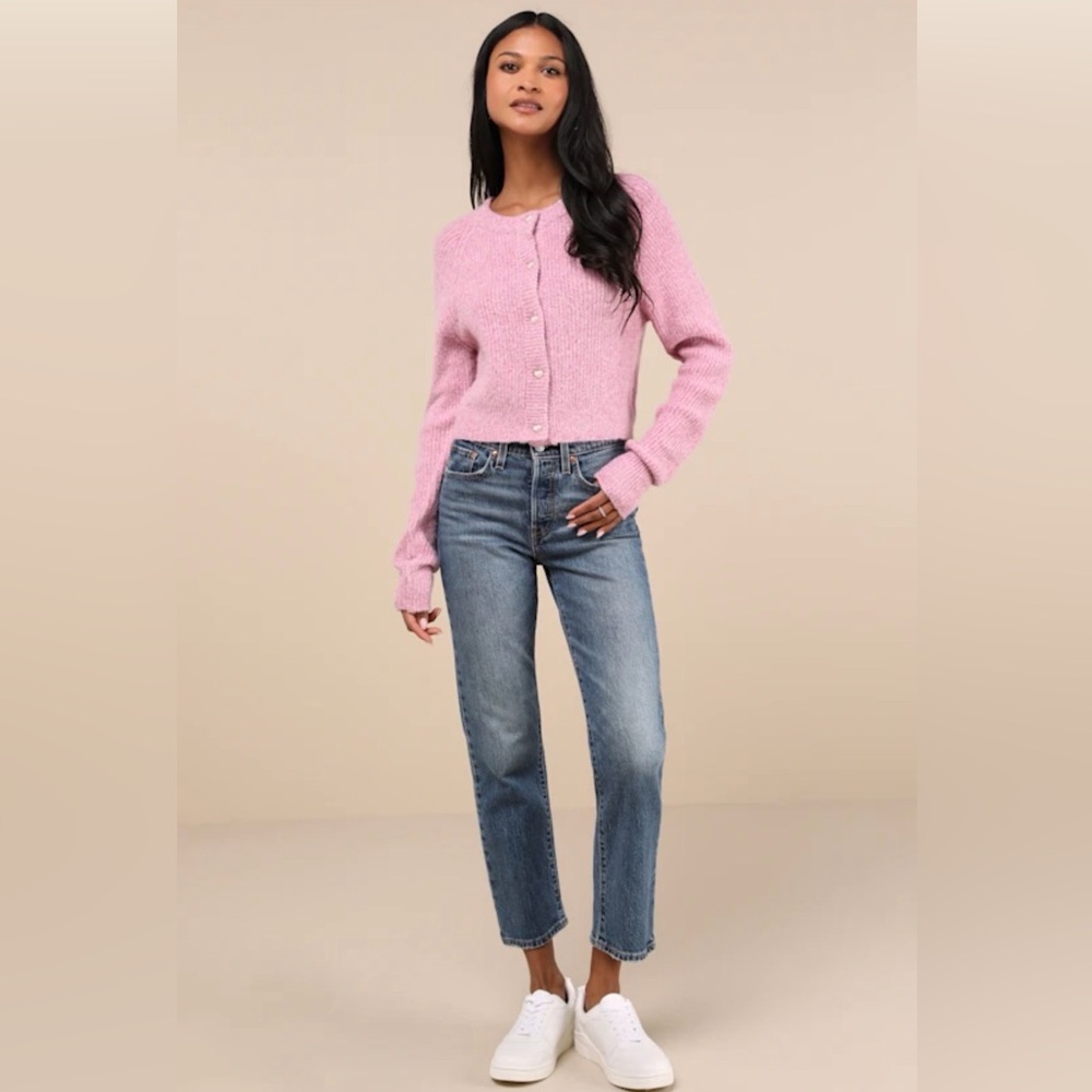 Lulus Coziest Crush Pink Marled Heart Button Cardigan